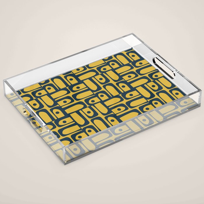Mid Century Modern Piquet Abstract Multi Geometric Pattern in Navy Blue and Light Mustard Acrylic Tray Gallery Image 1