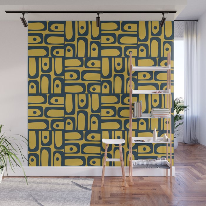 Mid Century Modern Piquet Abstract Multi Geometric Pattern in Navy Blue and Light Mustard Wall Mural Gallery Image 1