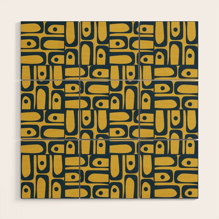 Mid Century Modern Piquet Abstract Multi Geometric Pattern in Navy Blue and Light Mustard Wood Wall Art Gallery Image 1