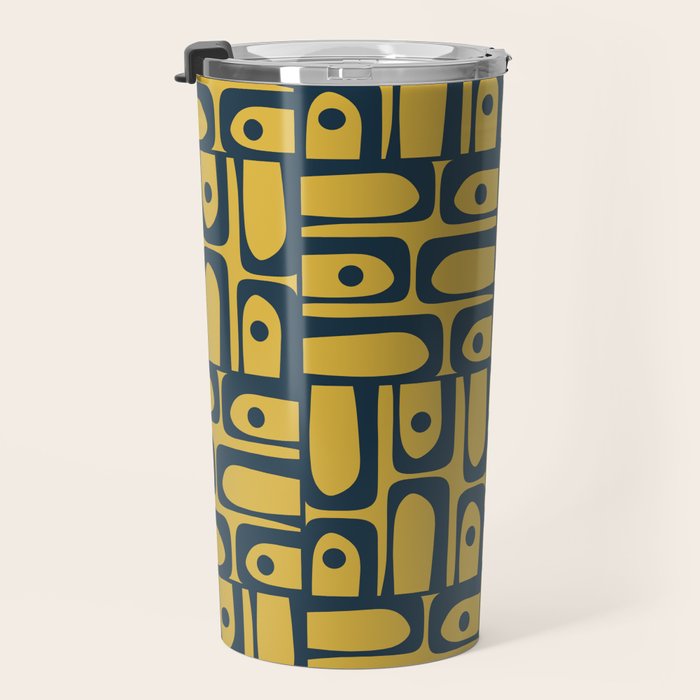 Mid Century Modern Piquet Abstract Multi Geometric Pattern in Navy Blue and Light Mustard Travel Mug Gallery Image 3