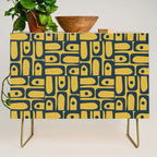 Mid Century Modern Piquet Abstract Multi Geometric Pattern in Navy Blue and Light Mustard Credenza Gallery Image 1