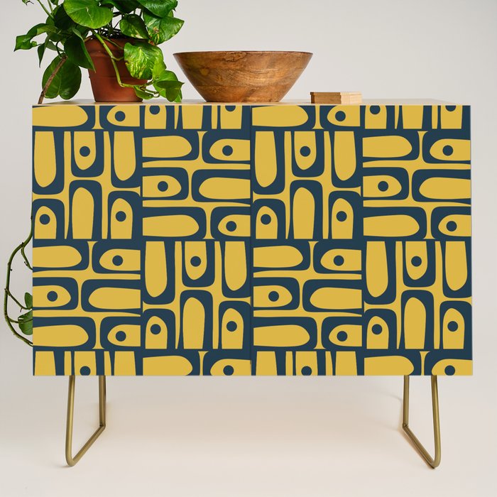 Mid Century Modern Piquet Abstract Multi Geometric Pattern in Navy Blue and Light Mustard Credenza Gallery Image 1