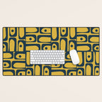 Mid Century Modern Piquet Abstract Multi Geometric Pattern in Navy Blue and Light Mustard Desk Mat Gallery Image 1
