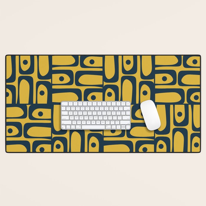 Mid Century Modern Piquet Abstract Multi Geometric Pattern in Navy Blue and Light Mustard Desk Mat Gallery Image 1