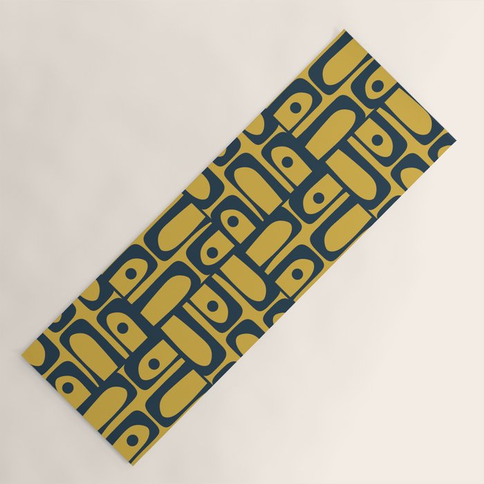 Mid Century Modern Piquet Abstract Multi Geometric Pattern in Navy Blue and Light Mustard Yoga Mat Gallery Image 1