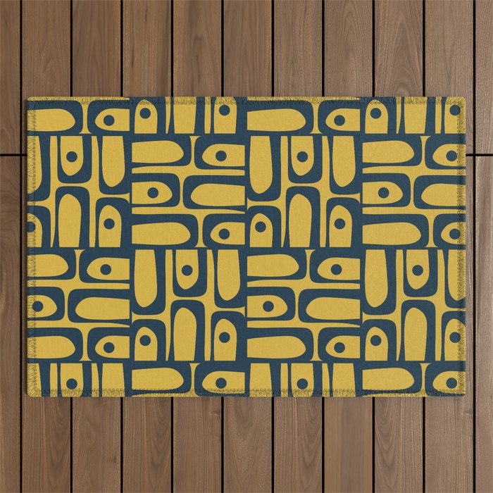 Mid Century Modern Piquet Abstract Multi Geometric Pattern in Navy Blue and Light Mustard Outdoor Rug Gallery Image 1