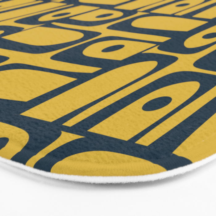 Mid Century Modern Piquet Abstract Multi Geometric Pattern in Navy Blue and Light Mustard Bath Mat Gallery Image 3