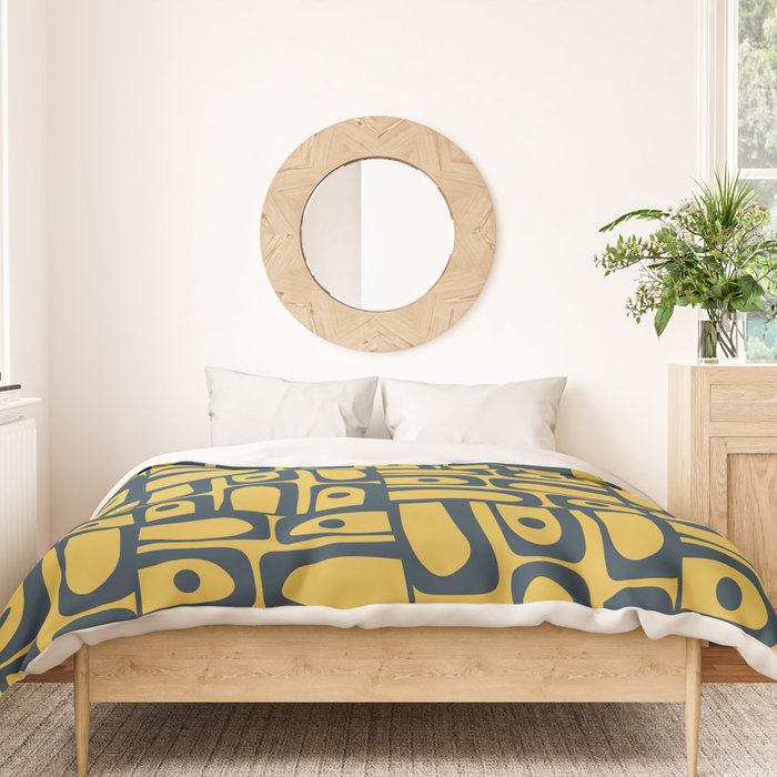Mid Century Modern Piquet Abstract Multi Geometric Pattern in Navy Blue and Light Mustard Duvet Cover Gallery Image 3