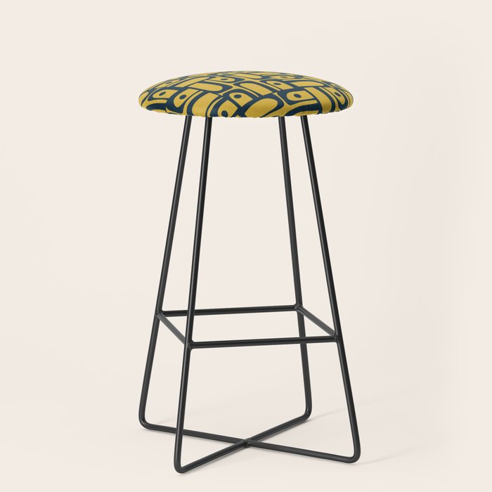 Mid Century Modern Piquet Abstract Multi Geometric Pattern in Navy Blue and Light Mustard Stool Gallery Image 1