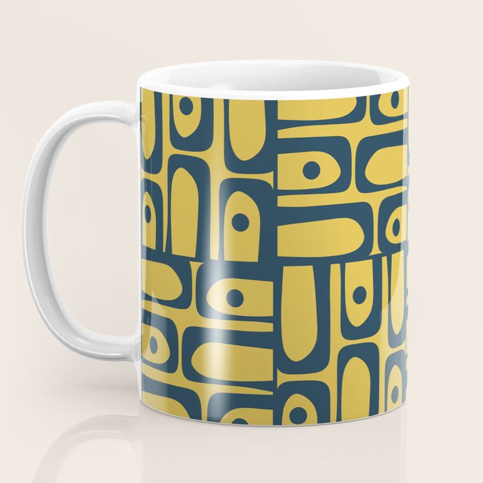 Mid Century Modern Piquet Abstract Multi Geometric Pattern in Navy Blue and Light Mustard Coffee Mug Gallery Image 3