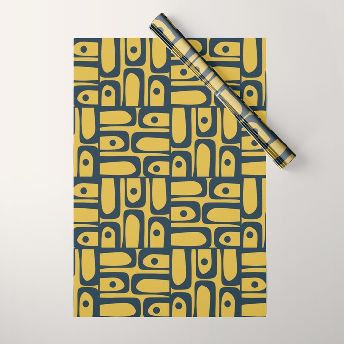 Mid Century Modern Piquet Abstract Multi Geometric Pattern in Navy Blue and Light Mustard Wrapping Paper Gallery Image 1