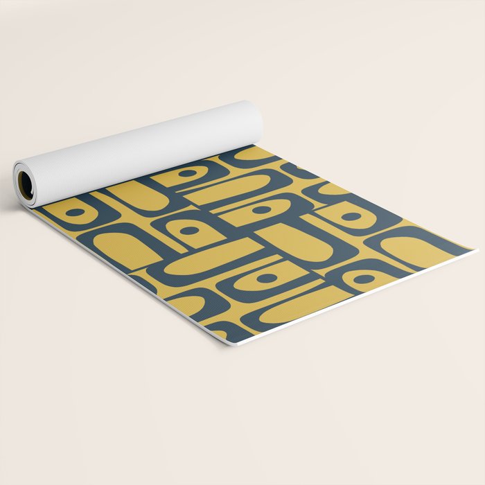 Mid Century Modern Piquet Abstract Multi Geometric Pattern in Navy Blue and Light Mustard Yoga Mat Gallery Image 2