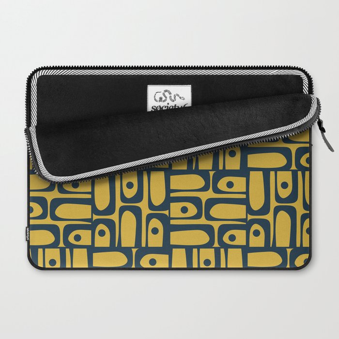Mid Century Modern Piquet Abstract Multi Geometric Pattern in Navy Blue and Light Mustard Laptop Sleeve Gallery Image 2
