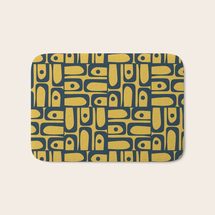 Mid Century Modern Piquet Abstract Multi Geometric Pattern in Navy Blue and Light Mustard Bath Mat Gallery Image 1