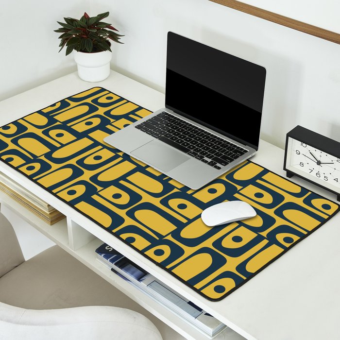 Mid Century Modern Piquet Abstract Multi Geometric Pattern in Navy Blue and Light Mustard Desk Mat Gallery Image 2