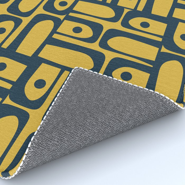 Mid Century Modern Piquet Abstract Multi Geometric Pattern in Navy Blue and Light Mustard Rug Gallery Image 4