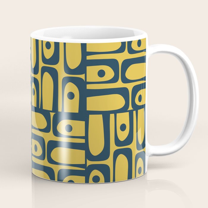 Mid Century Modern Piquet Abstract Multi Geometric Pattern in Navy Blue and Light Mustard Coffee Mug Gallery Image 1