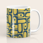 Mid Century Modern Piquet Abstract Multi Geometric Pattern in Navy Blue and Light Mustard Coffee Mug Gallery Image 1