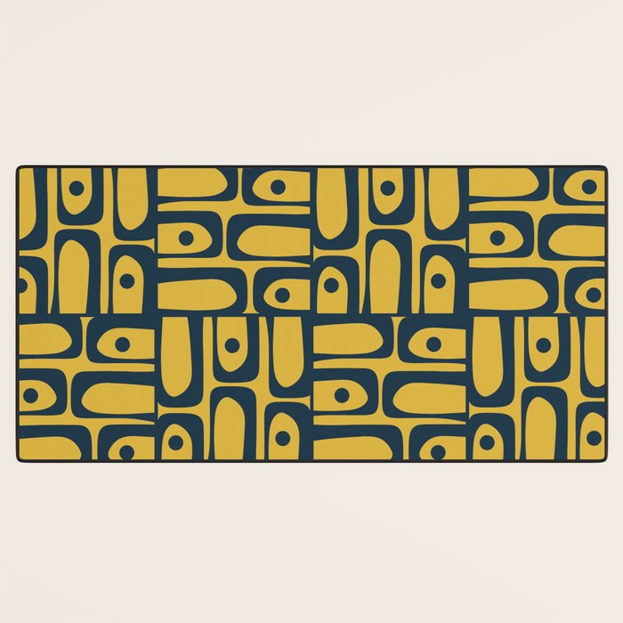 Mid Century Modern Piquet Abstract Multi Geometric Pattern in Navy Blue and Light Mustard Desk Mat Gallery Image 3