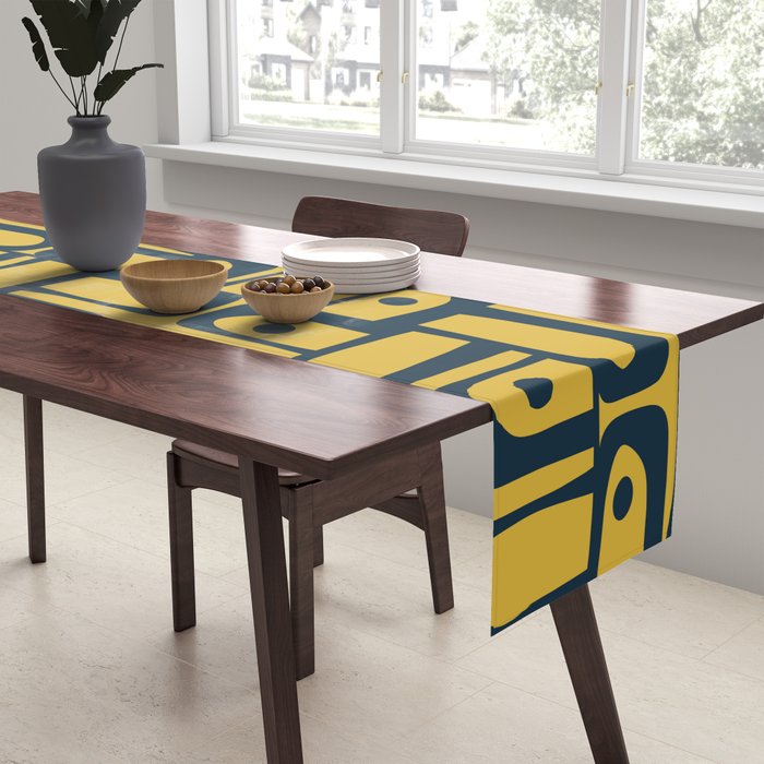 Mid Century Modern Piquet Abstract Multi Geometric Pattern in Navy Blue and Light Mustard Table Runner Gallery Image 2