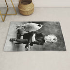 Boy And Chicken, Funny Black and White Old Photo Rug Gallery Image 1