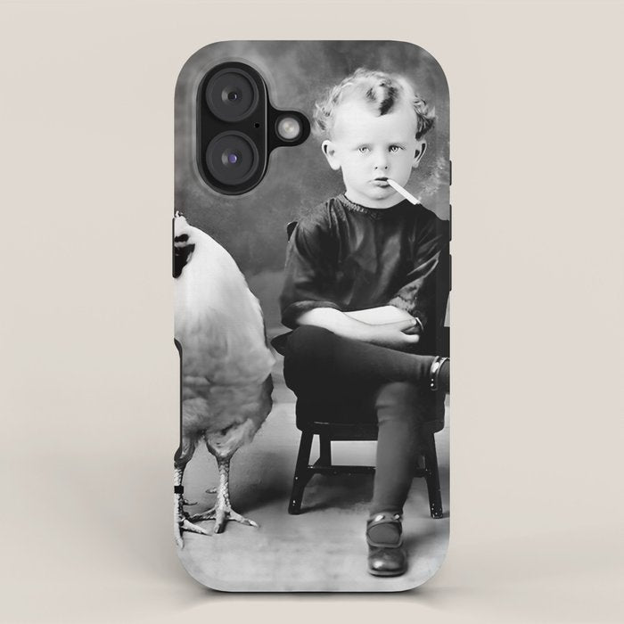 Boy And Chicken, Funny Black and White Old Photo iPhone Case Gallery Image 1