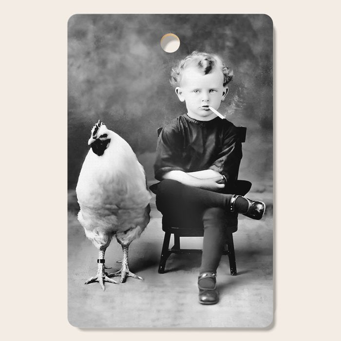 Boy And Chicken, Funny Black and White Old Photo Cutting Board Gallery Image 1