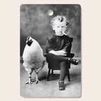 Boy And Chicken, Funny Black and White Old Photo Cutting Board Gallery Image 1