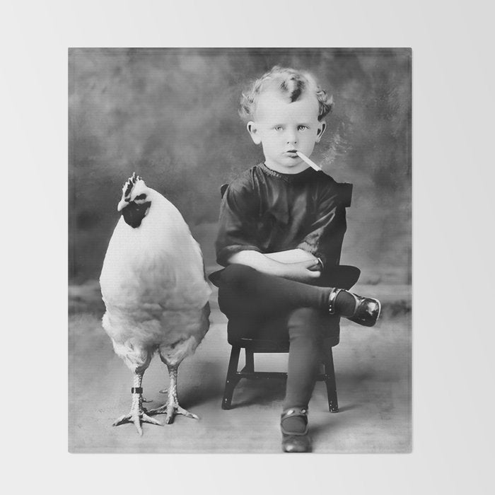 Boy And Chicken, Funny Black and White Old Photo Throw Blanket Gallery Image 2