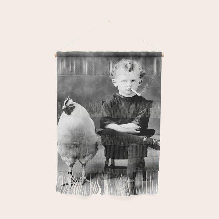Boy And Chicken, Funny Black and White Old Photo Wall Hanging Gallery Image 1