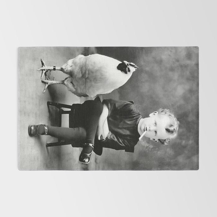 Boy And Chicken, Funny Black and White Old Photo Rug Gallery Image 2