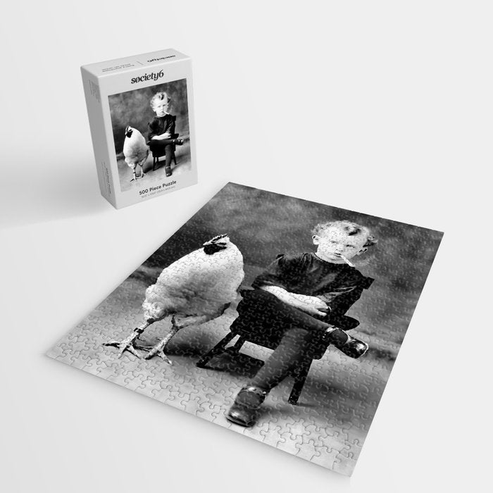 Boy And Chicken, Funny Black and White Old Photo Jigsaw Puzzle Gallery Image 2