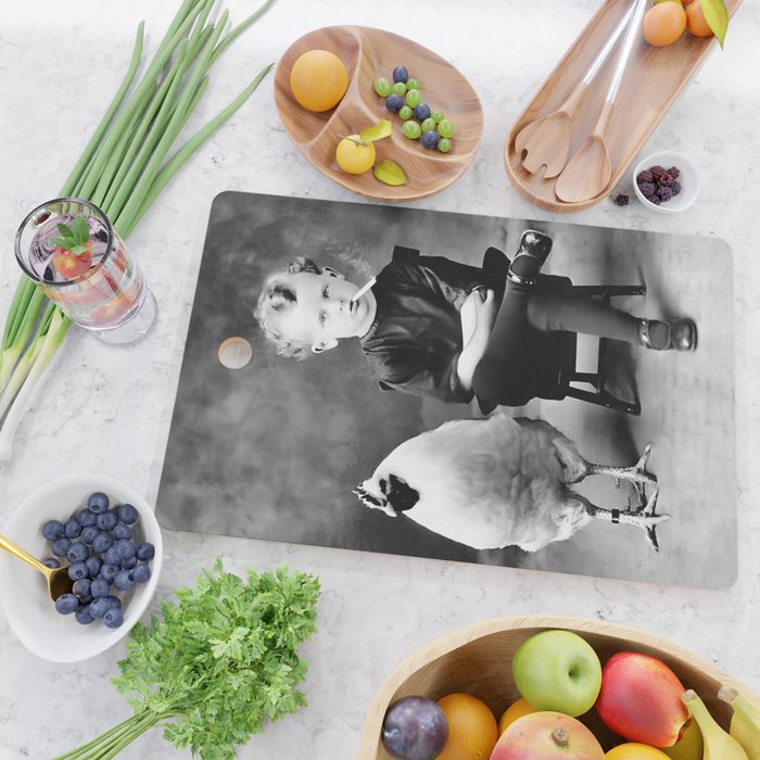 Boy And Chicken, Funny Black and White Old Photo Cutting Board Gallery Image 2