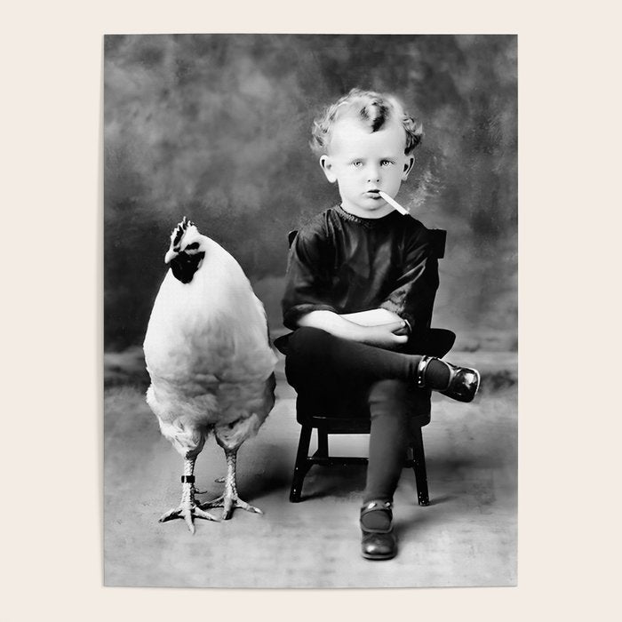 Boy And Chicken, Funny Black and White Old Photo Poster Gallery Image 4