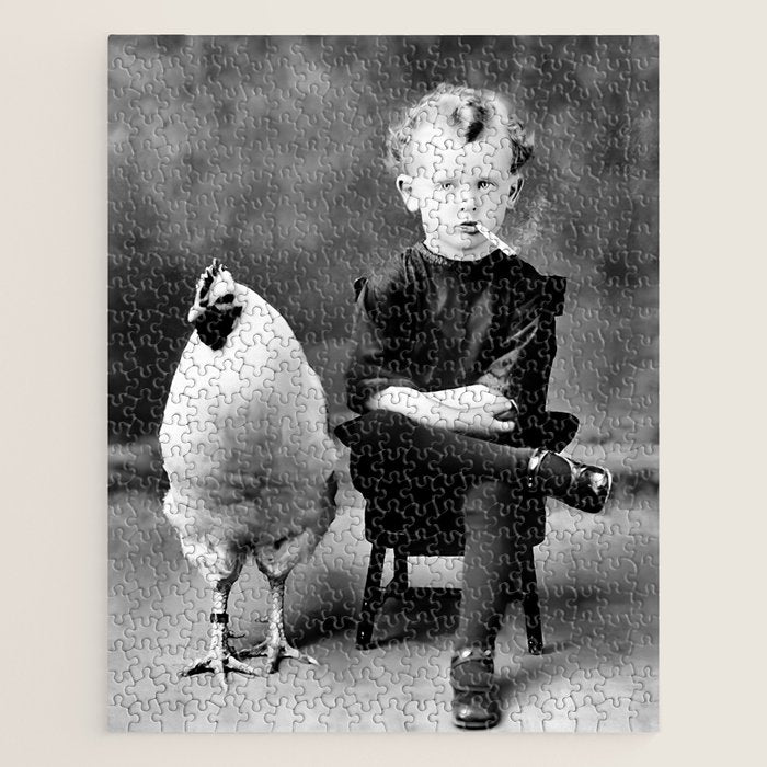 Boy And Chicken, Funny Black and White Old Photo Jigsaw Puzzle Gallery Image 1