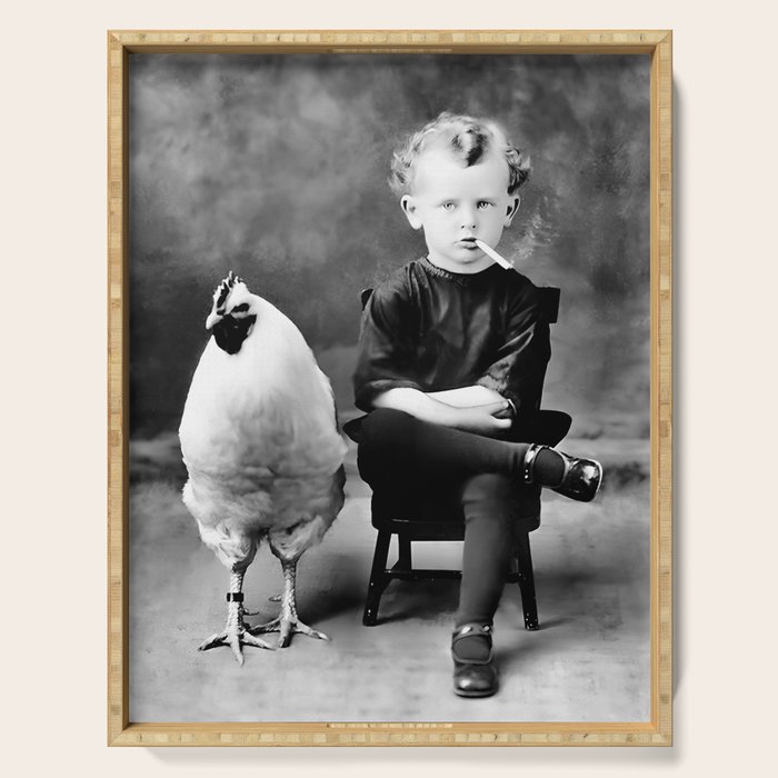 Boy And Chicken, Funny Black and White Old Photo Serving Tray Gallery Image 1