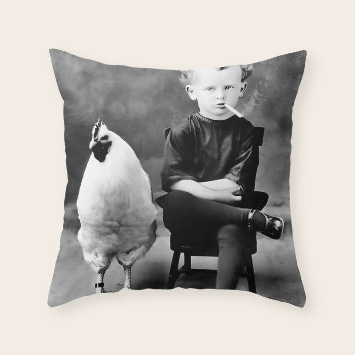 Boy And Chicken, Funny Black and White Old Photo Throw Pillow Gallery Image 6