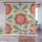 HELLO BOLD RETRO DAISY PATTERN 3. PINK AND GREEN Wall Mural Gallery Image 1