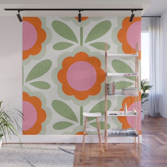 HELLO BOLD RETRO DAISY PATTERN 3. PINK AND GREEN Wall Mural Gallery Image 1