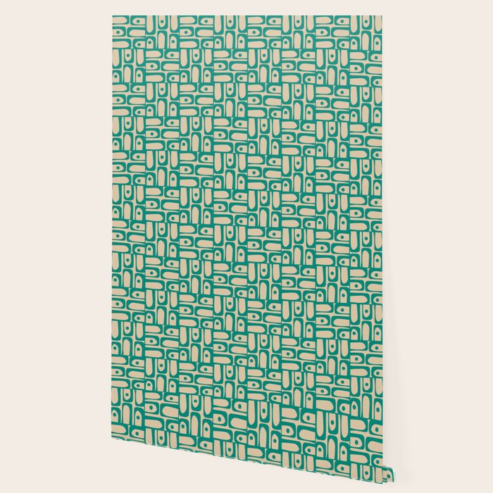 Mid Century Modern Piquet Abstract Multi Pattern in Mid Mod Teal Turquoise and Beige Wallpaper Gallery Image 2
