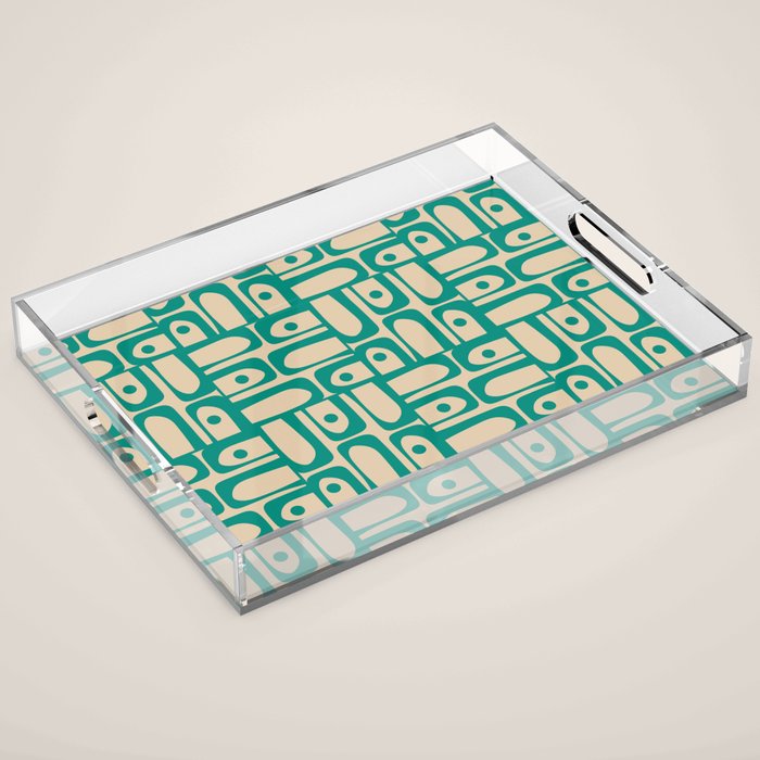 Mid Century Modern Piquet Abstract Multi Pattern in Mid Mod Teal Turquoise and Beige Acrylic Tray Gallery Image 1