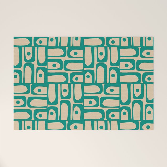 Mid Century Modern Piquet Abstract Multi Pattern in Mid Mod Teal Turquoise and Beige Welcome Mat Gallery Image 1