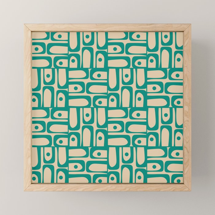 Mid Century Modern Piquet Abstract Multi Pattern in Mid Mod Teal Turquoise and Beige Mini Art Print Gallery Image 1