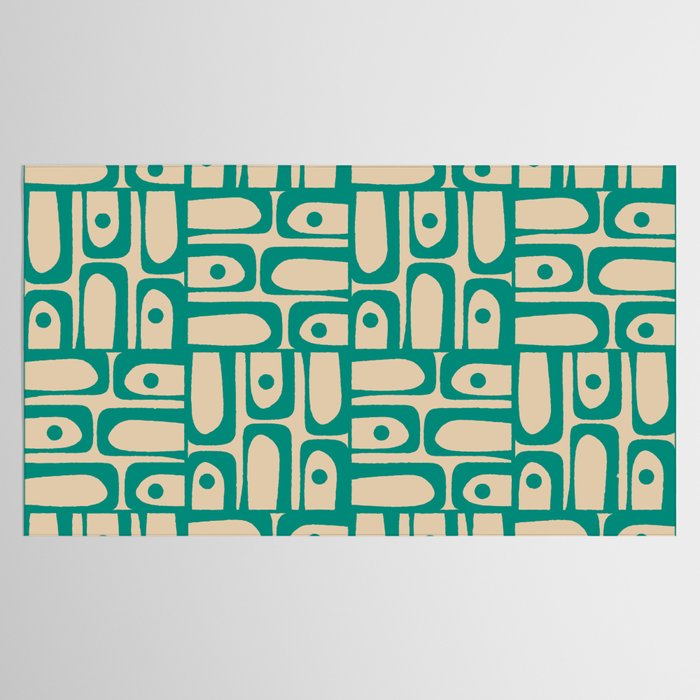 Mid Century Modern Piquet Abstract Multi Pattern in Mid Mod Teal Turquoise and Beige Tablecloth Gallery Image 2