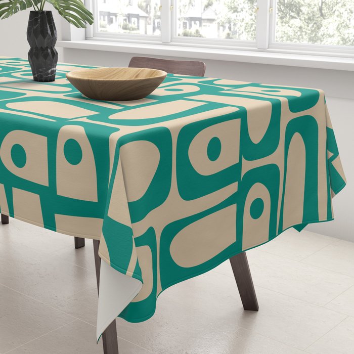 Mid Century Modern Piquet Abstract Multi Pattern in Mid Mod Teal Turquoise and Beige Tablecloth Gallery Image 3