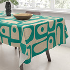 Mid Century Modern Piquet Abstract Multi Pattern in Mid Mod Teal Turquoise and Beige Tablecloth Gallery Image 3
