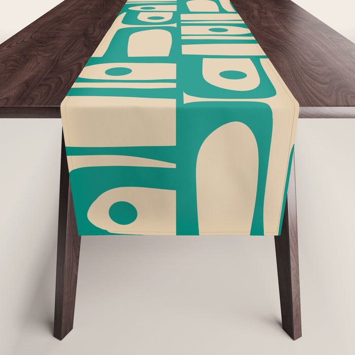 Mid Century Modern Piquet Abstract Multi Pattern in Mid Mod Teal Turquoise and Beige Table Runner Gallery Image 1