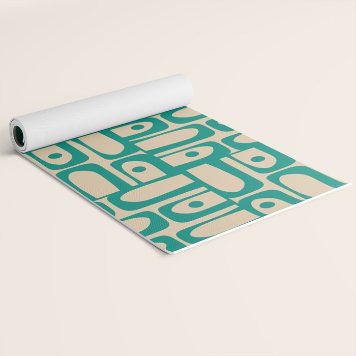 Mid Century Modern Piquet Abstract Multi Pattern in Mid Mod Teal Turquoise and Beige Yoga Mat Gallery Image 2
