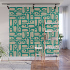 Mid Century Modern Piquet Abstract Multi Pattern in Mid Mod Teal Turquoise and Beige Wall Mural Gallery Image 1