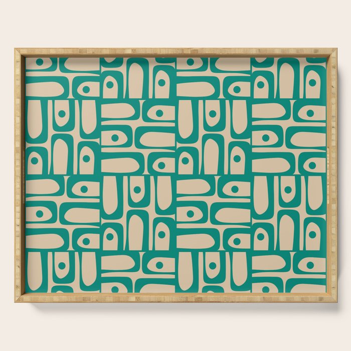 Mid Century Modern Piquet Abstract Multi Pattern in Mid Mod Teal Turquoise and Beige Serving Tray Gallery Image 1